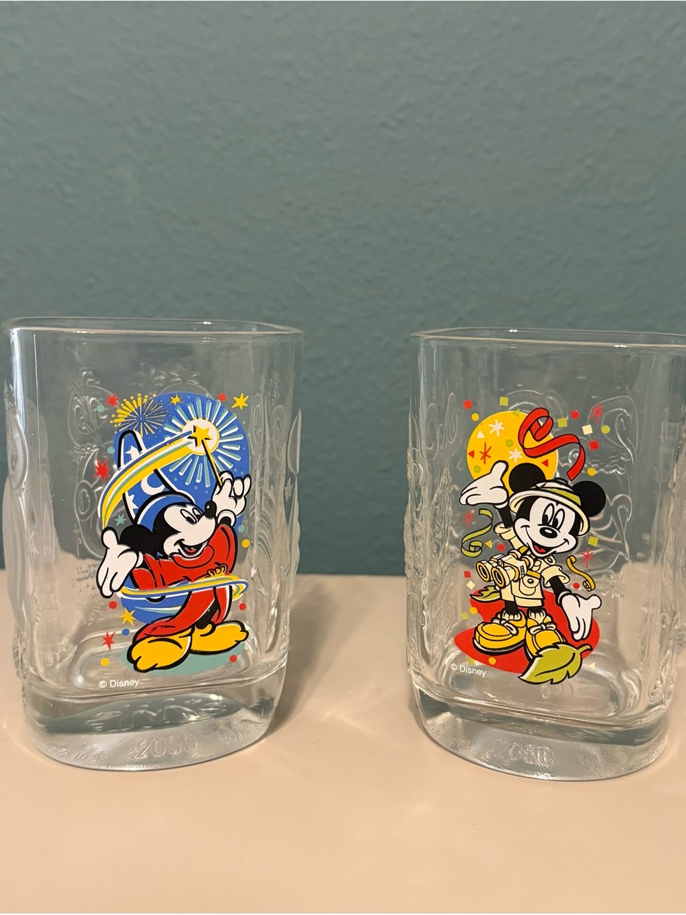 Walt Disney World Mickey Mouse Glass Cups McDonald's 2000 Magic Kingdom SET OF 2